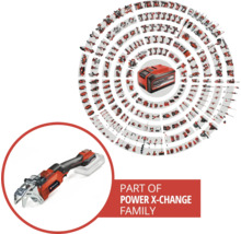 Einhell Power X-Change batterifamilj med grensax och batteri i mitten
