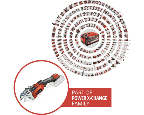 Einhell Power X-Change batterifamilj med grensax och batteri i mitten