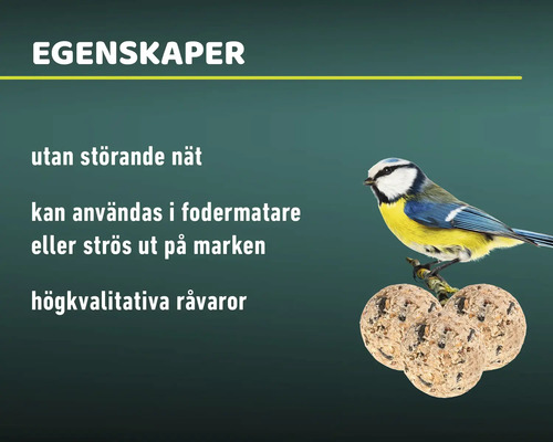 Egenskaper för fågelfoder: utan störande nät, kan användas i fodermatar eller strös ut på marken, högkvalitativa råvaror.