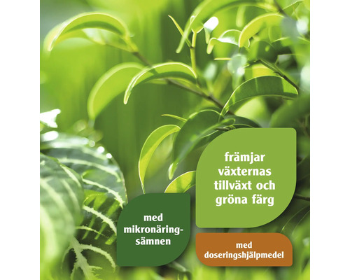 Plantbild med information om tillväxt, grön färg, mikronäringsämnen och doseringshjälpmedel