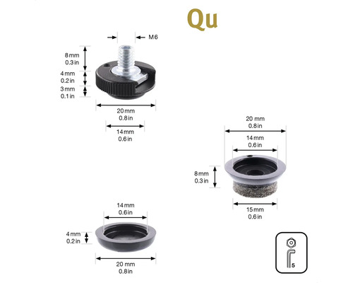 Bild av möbelglidare med skruv och mått