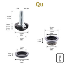 Teknisk ritning av en möbelglidare med M8-gänga och diverse tillbehör med måtten i millimeter och tum.
