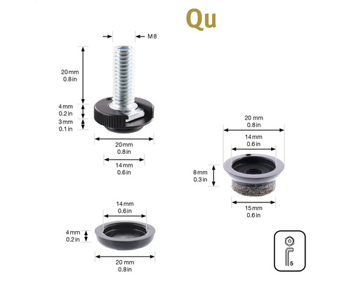 Teknisk ritning av en möbelglidare med M8-gänga och diverse tillbehör med måtten i millimeter och tum.