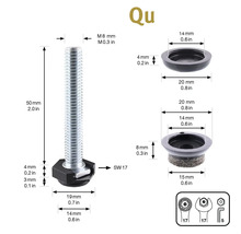 Diagram över en möbelglidare med gänga, dimensioner och verktygssymboler