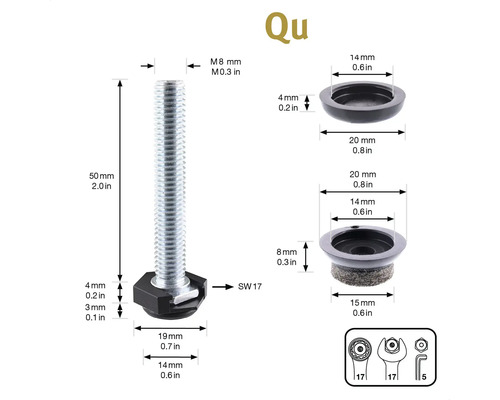 Diagram över en möbelglidare med gänga, dimensioner och verktygssymboler