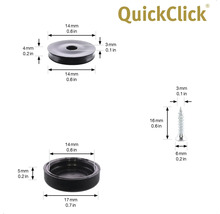 QuickClick logotyp, möbelglidare av plast med skruv och måttangivelser