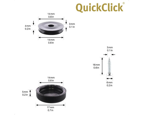 QuickClick logotyp, möbelglidare av plast med skruv och måttangivelser
