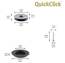 QuickClick-logotyp, möbelglidkomponenter med storleksangivelser