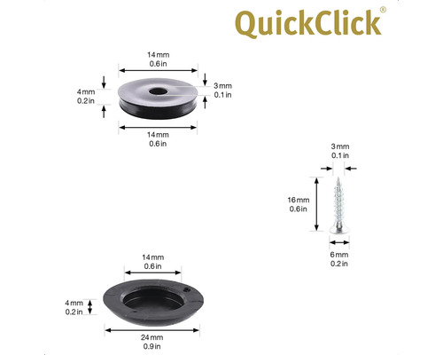 QuickClick-logotyp, möbelglidkomponenter med storleksangivelser