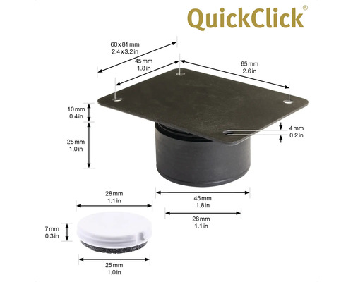 QuickClick möbelglider med måttangivelser