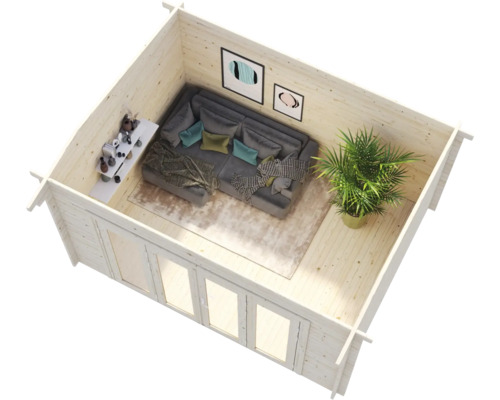 Inredning i ett ljust trädgårdshus med soffa, bord och krukväxt