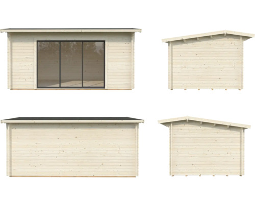 Vy av ett trädgårdshus i trä med fönster