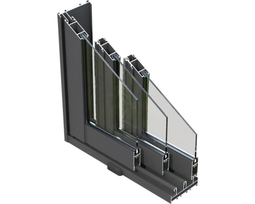 Tvärsnitt av ett aluminiumfönster med flerskiktsglas