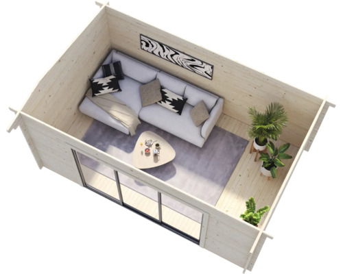 Interiör av en trädgårdsstuga med soffa, bord, växter och stort fönster för Hornbachs webbutik.