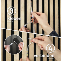 Illustration av montering av en LED-remsa genom att klistra och ansluta.