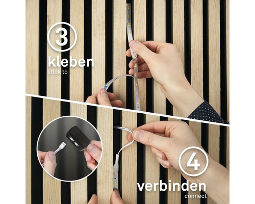 Illustration av montering av en LED-remsa genom att klistra och ansluta.