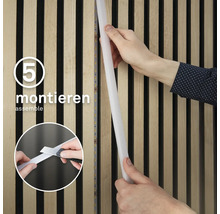 Fästning av en LED-remsa på en träribbvägg, illustrerad som steg fem av monteringen