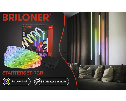 Briloner Logo. RGB LED-strips startpaket med färgbyte och steglös dimning för rumsbelysning.