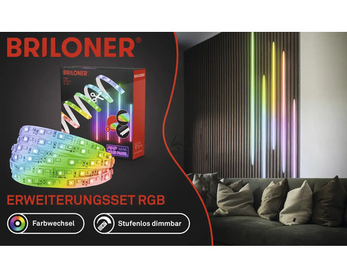 Briloner logotyp. RGB-förlängningssats med färgväxling och steglös dimfunktion i vardagsrumsmiljö.