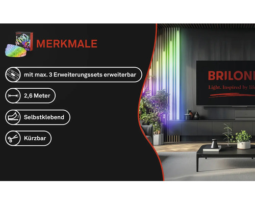 Produktfunktioner: Kan utökas med maximalt tre expansionssatser, 2,6 meter lång, självhäftande, kan kortas ned, Briloner Logo.