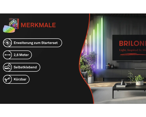 Produktfunktioner för ljusremsan: Förlängning till startpaketet, 2,6 meters längd, självhäftande och kan kortas.