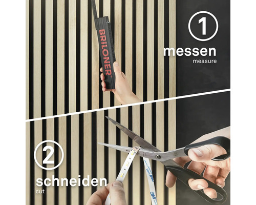 Instruktioner för att fästa en LED-strip: Mät först med en tumstock, klipp sedan med en sax.