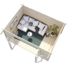 Interiör av ett trädgårdshus med möbler som en soffa, ett bord och en växt.