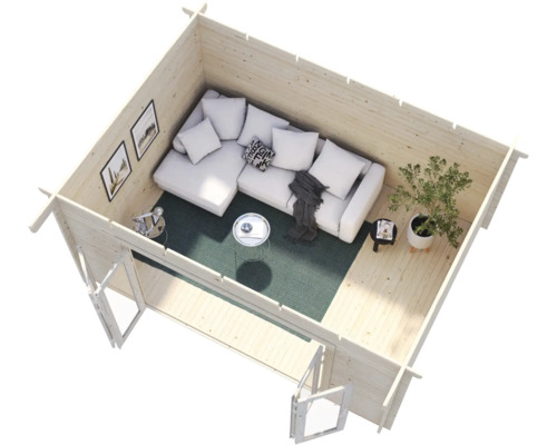 Interiör av ett trädgårdshus med möbler som en soffa, ett bord och en växt.