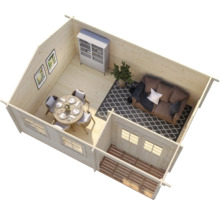 Interiör av ett trähus med möbler