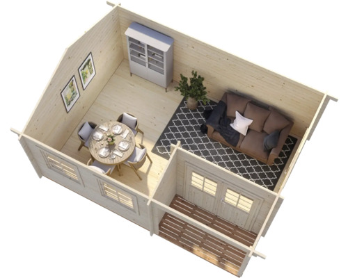 Interiör av ett trähus med möbler