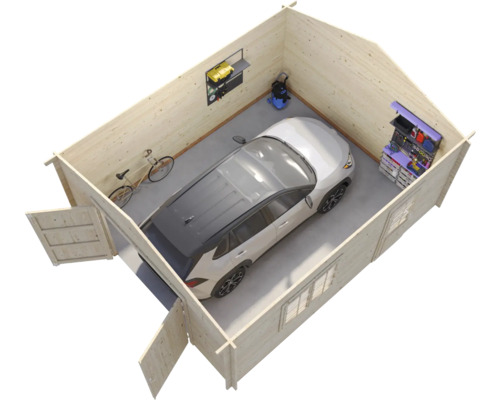 Trägarage med bil, cykel, hyllor och verktyg