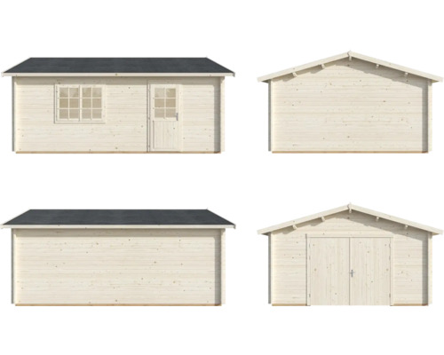 Olika vyer av ett trädgårdshus i trä