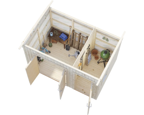 Översikt av ett trädgårdshus i trä med verktyg och trädgårdstillbehör