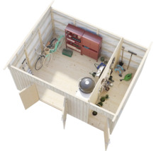 Interiörvy av ett trädgårdshus i trä med cyklar, verktyg och trädgårdsutrustning