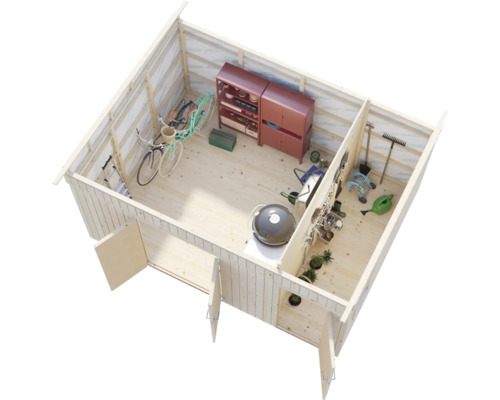 Interiörvy av ett trädgårdshus i trä med cyklar, verktyg och trädgårdsutrustning