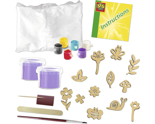 SES kreativset för målning av träfigurer med färger, pensel och instruktioner