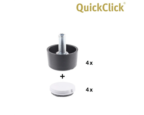 QuickClick möbelglidsats med skruv, bestående av fyra möbelglid och fyra filtinsatser