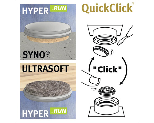 QuickClick möbelglidare med olika insatser och monteringsanvisningar