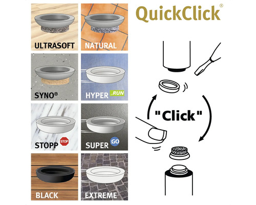 QuickClick glidsortiment med olika egenskaper och monteringsanvisningar