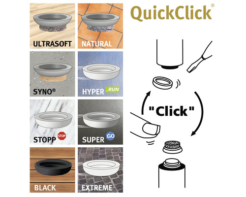 QuickClick möbelglid med olika ytor och monteringsanvisning