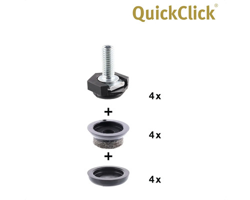 QuickClick möbelglidsystem, bestående av skruvglid, filtinsats och lock, fyra stycken