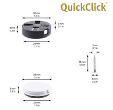 QuickClick Logo med dimensioner för möbelglidare, adaptrar och skruvar