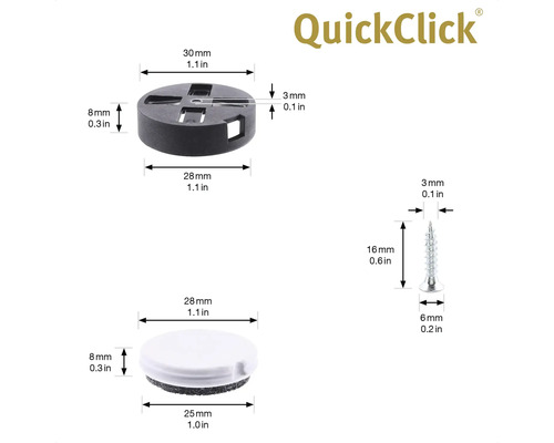 QuickClick Logo med dimensioner för möbelglidare, adaptrar och skruvar