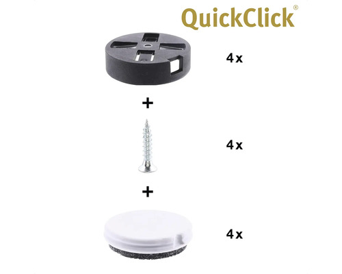 QuickClick glidinsatsset, bestående av plastglid, skruv och filtplatta