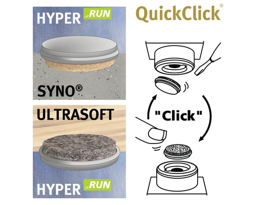 Illustration av ett QuickClick-system med olika glidinsatser och monteringsanvisningar