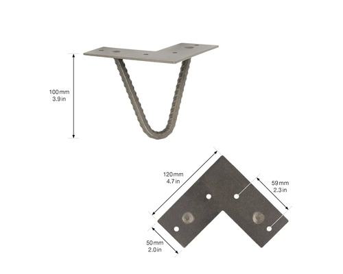 Vinkelbeslag av stål med betongstålbygel och måttangivelser
