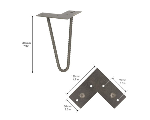 Bordsben med hårnålsdesign och monteringsplatta med mått