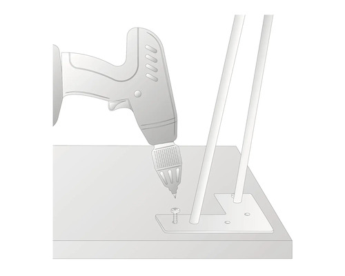 Illustration av en borrmaskin som skruvar in en skruv i en platta för att fästa två stänger