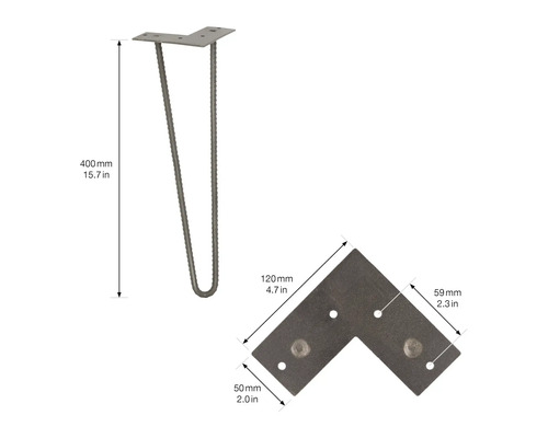 Bordsben av stål, 400 mm högt, med mått på monteringsplattan