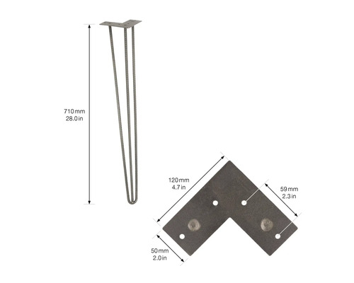 Bordsben av stål, 710 millimeter högt, med L-format monteringsfäste